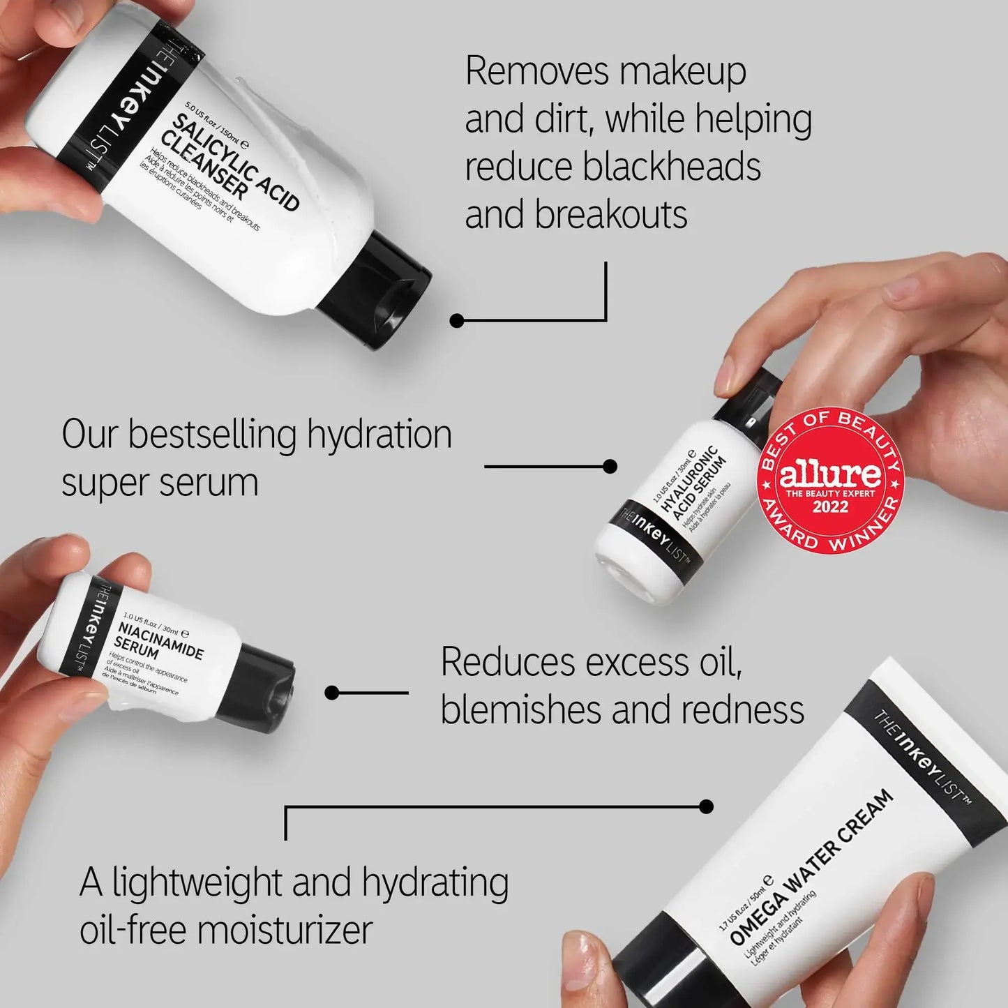 The INKEY List Oily Skin Solution Bundle featuring cleanser, serums, and moisturizer for oily skin concerns.