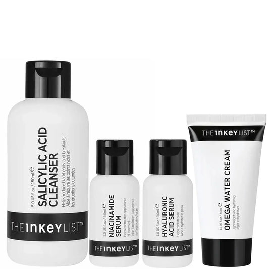 The INKEY List Oily Skin Solution Bundle including Salicylic Acid Cleanser, Niacinamide Serum, Hyaluronic Acid Serum, Omega Water Cream.