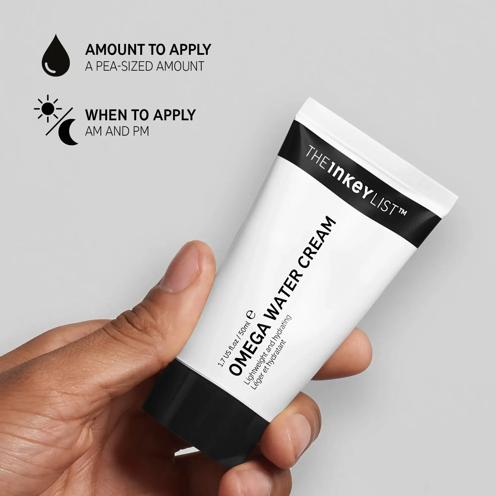 Hand holding a tube of The INKEY List Omega Water Cream, displaying application tips for oily skin care routine.