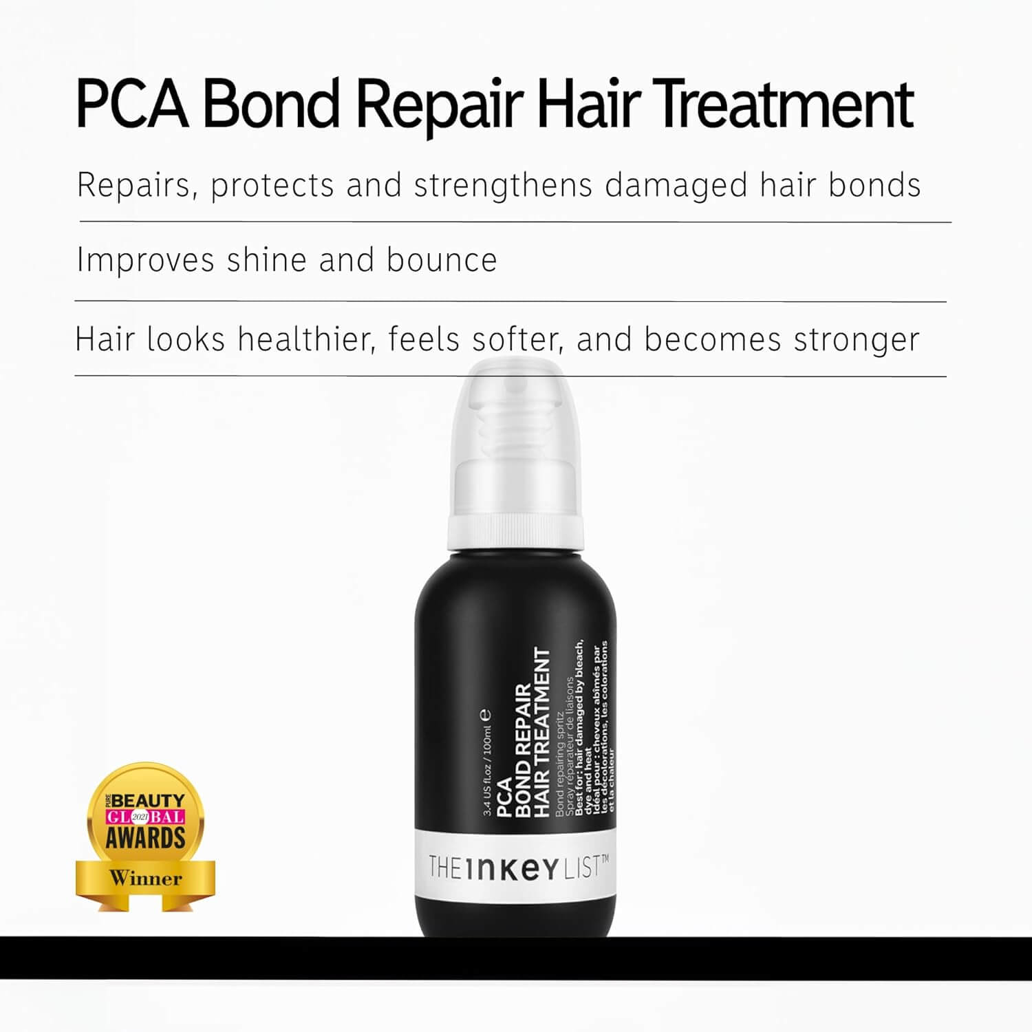 The INKEY List PCA Bond Repair Hair Treatment bottle, revitalizes damaged hair, enhances shine and strength.