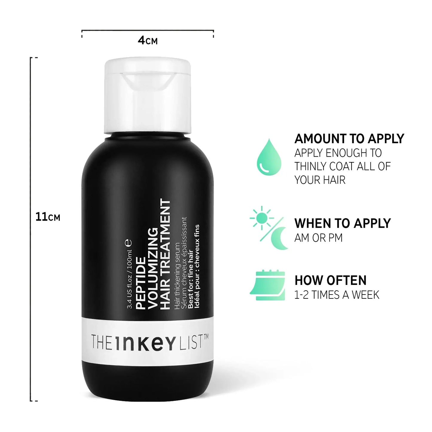 The INKEY List Peptide Volumizing Hair Treatment 100ml bottle with application instructions and dimensions.