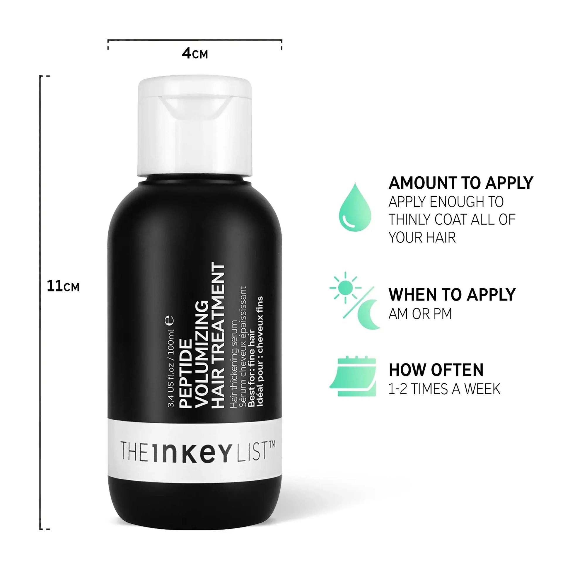 The INKEY List Peptide Volumizing Hair Treatment 100ml bottle with application instructions and dimensions.