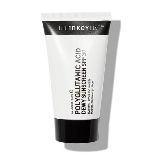 The INKEY List Polyglutamic Acid Dewy Sunscreen SPF30 tube for hydration and UV protection.