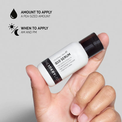 The INKEY List Q10 Serum 30ml bottle held in hand, with tips for usage and application times.
