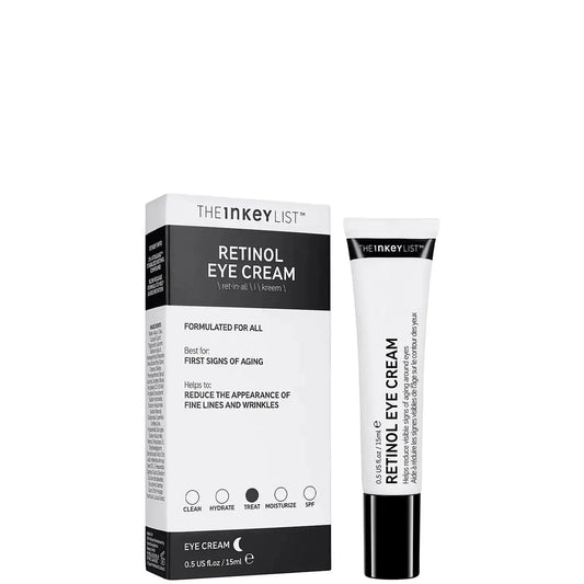 The INKEY List Retinol Eye Cream 15ml packaging and tube, designed to reduce fine lines and wrinkles around the eyes.
