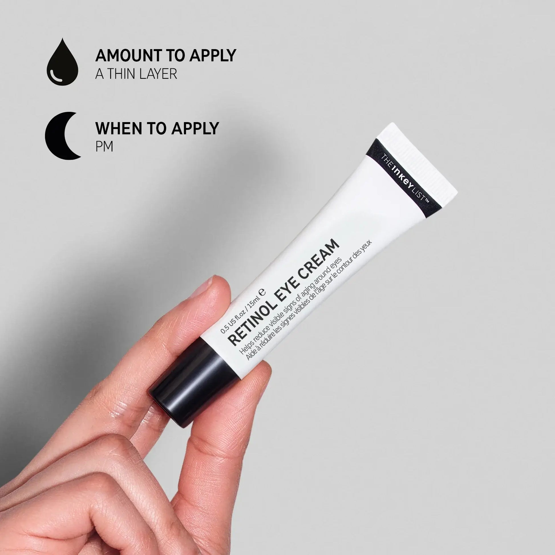 The INKEY List Retinol Eye Cream tube showing application tips for youthful skin in the evening.