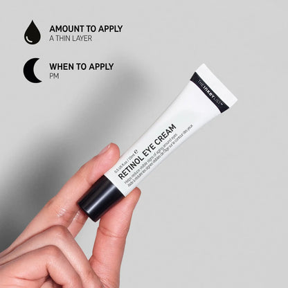 The INKEY List Retinol Eye Cream tube showing application tips for youthful skin in the evening.