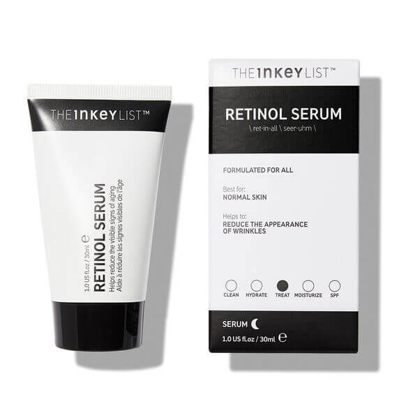 The INKEY List Retinol Serum 30ml packaging, promotes youthful skin and reduces wrinkles for normal skin types.