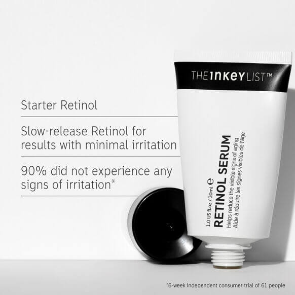 The INKEY List Retinol Serum 30ml tube highlighting slow-release retinol for minimal irritation and anti-aging benefits.