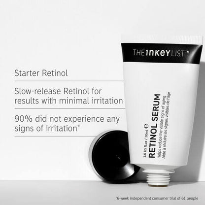 The INKEY List Retinol Serum 30ml tube highlighting slow-release retinol for minimal irritation and anti-aging benefits.