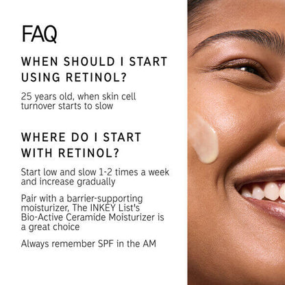FAQ on using retinol: start at 25 years old, use 1-2 times weekly, and pair with The INKEY List moisturizer.
