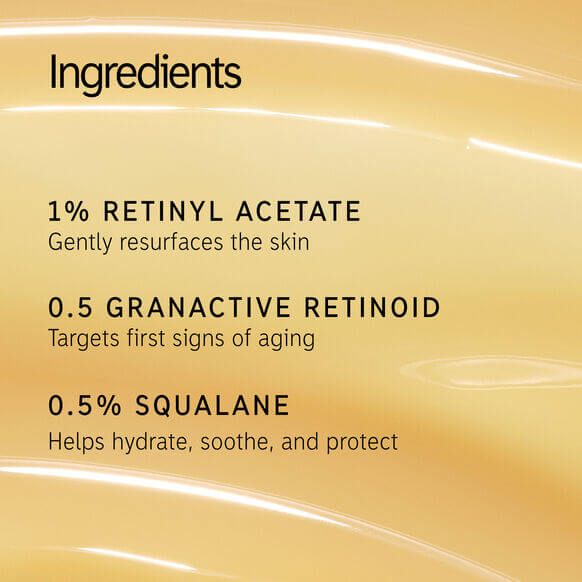 Ingredients of The INKEY List Retinol Serum: 1% Retinyl Acetate, 0.5% Granactive Retinoid, 0.5% Squalane for skin care.