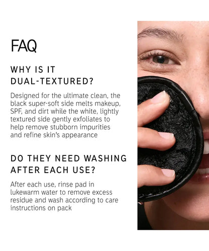 Close-up of a woman using THE INKEY LIST dual-textured cleansing pad for effective skincare routine.