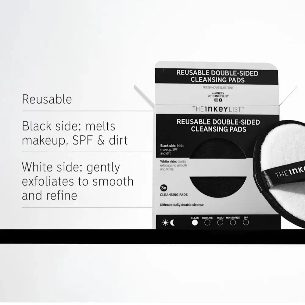 THE INKEY LIST Reusable Cleansing Pads packaging showing dual-sided features for effective makeup removal and exfoliation.