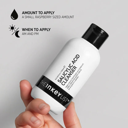 Salicylic Acid Cleanser from The INKEY List, designed for oily skin use, indicating amount and application timing for best results.