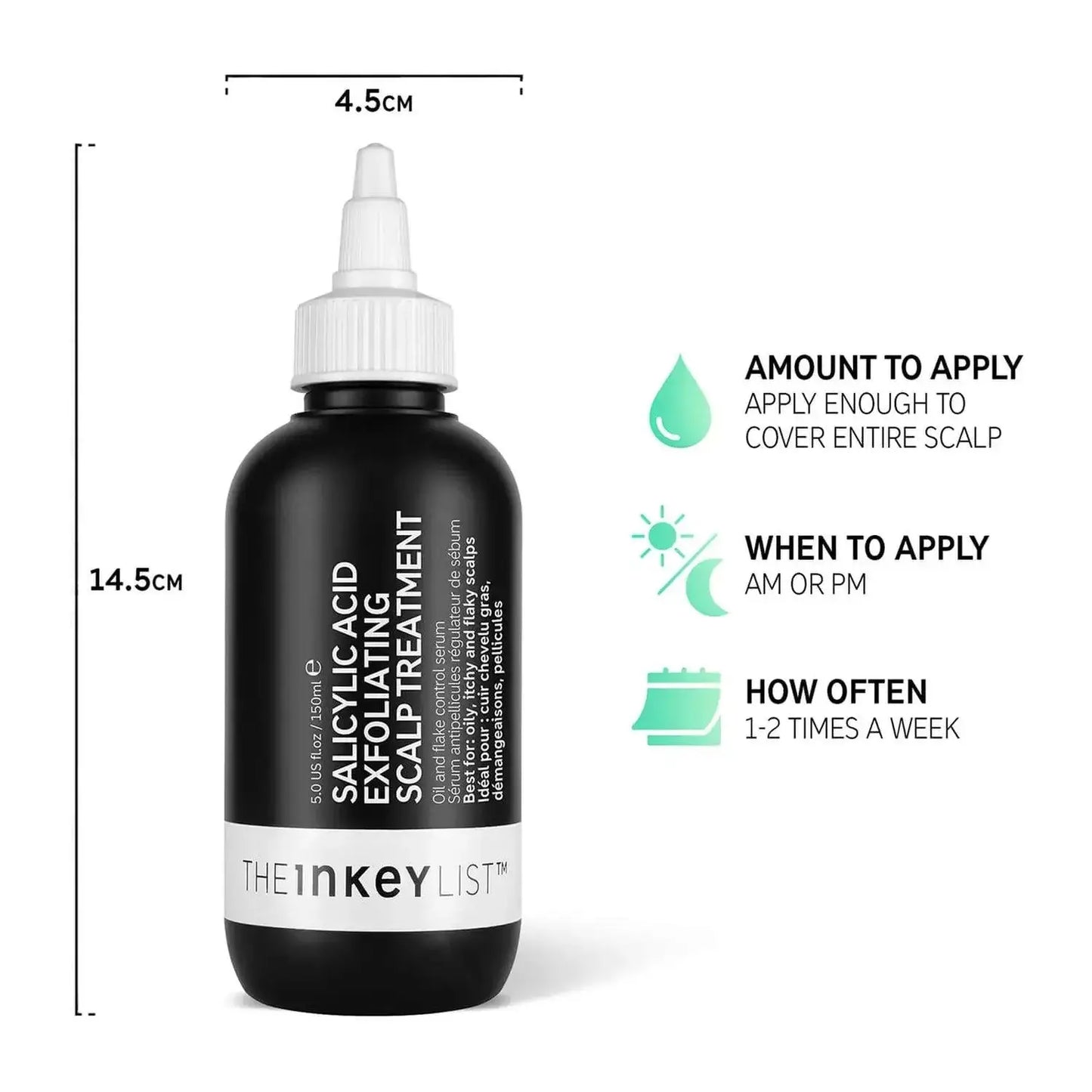 The INKEY List Salicylic Acid Exfoliating Scalp Treatment 150ml with application instructions and usage tips.