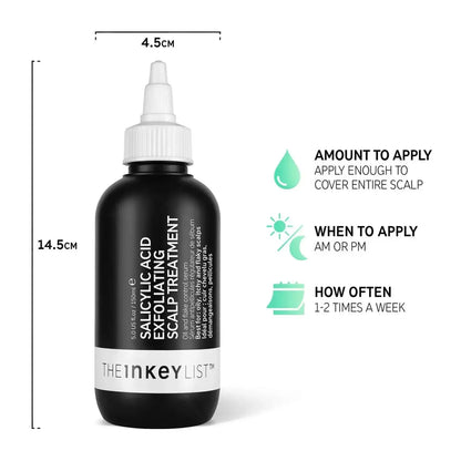The INKEY List Salicylic Acid Exfoliating Scalp Treatment 150ml with application instructions and usage tips.
