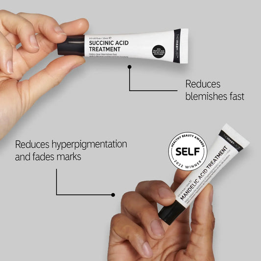 The Inkey List Targeted Blemish Duo featuring Succinic Acid Treatment and Mandelic Acid Treatment for clear skin.