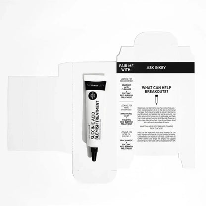 The Inkey List Succinic Acid Treatment 15ml in packaging, effective acne treatment targeting blemishes.