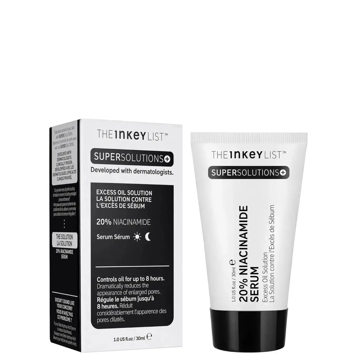 The INKEY List Super Solutions 20% Niacinamide Serum with packaging, designed for oily skin to control excess oil.