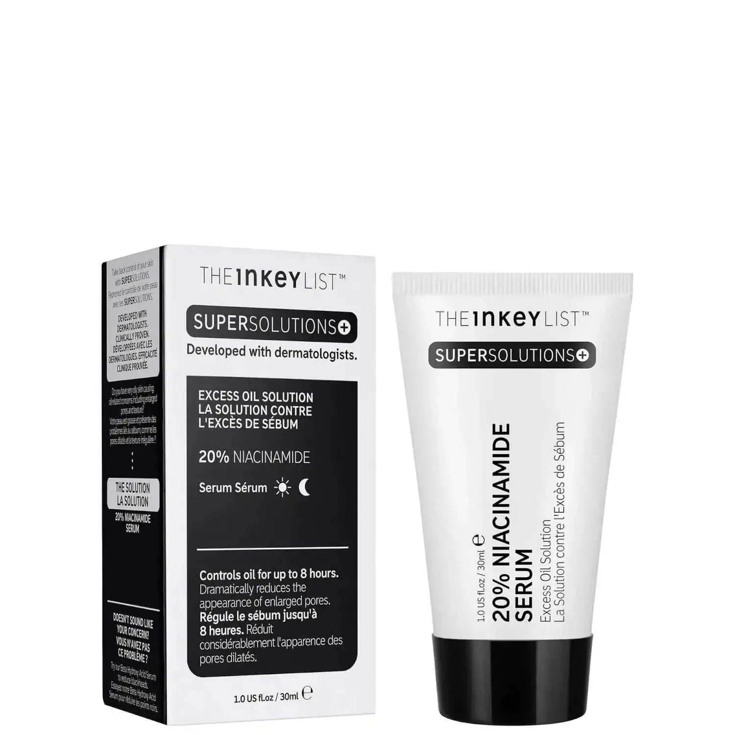 The INKEY List Super Solutions 20% Niacinamide Serum with packaging, designed for oily skin to control excess oil.