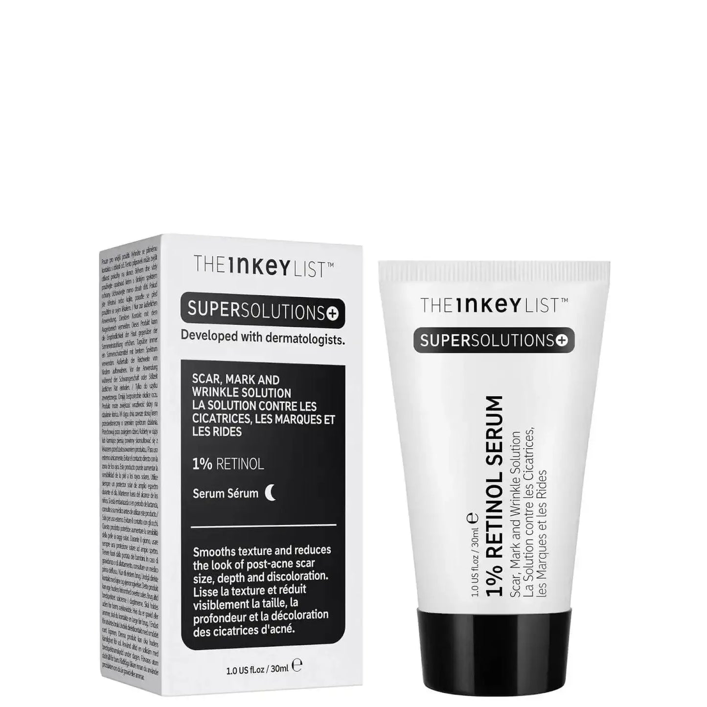 The INKEY List SuperSolutions 1% Retinol Serum 30ml in packaging, designed to rejuvenate skin and reduce scars.