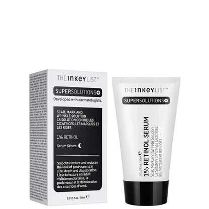 The INKEY List SuperSolutions 1% Retinol Serum 30ml in packaging, designed to rejuvenate skin and reduce scars.