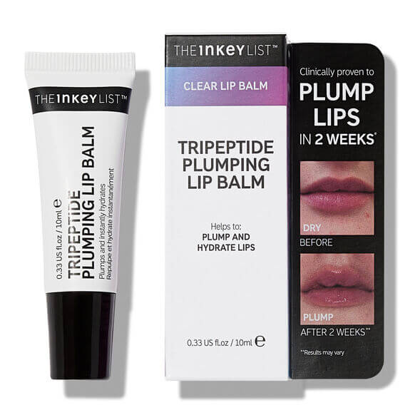 The INKEY List Tripeptide Plumping Lip Balm 10ml with packaging showing lip plumping results in 2 weeks.