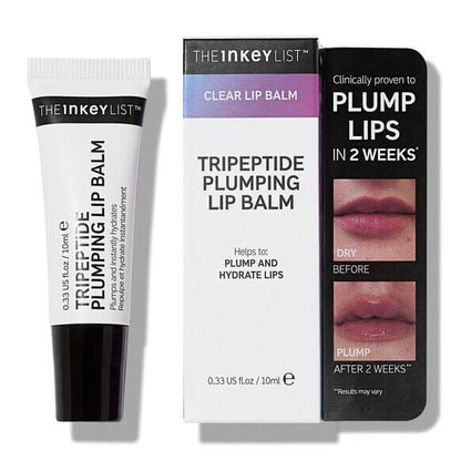 The INKEY List Tripeptide Plumping Lip Balm 10ml with packaging showing lip plumping results in 2 weeks.