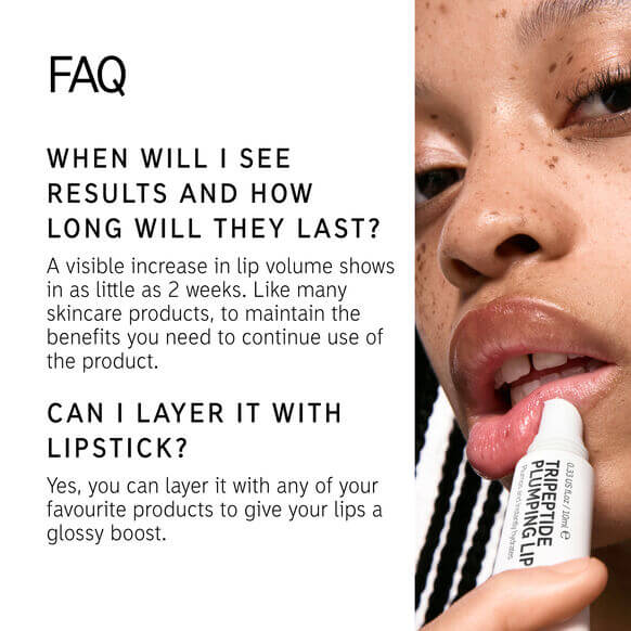 FAQ about The INKEY List Tripeptide Plumping Lip Balm, including results timeframe and layering tips.