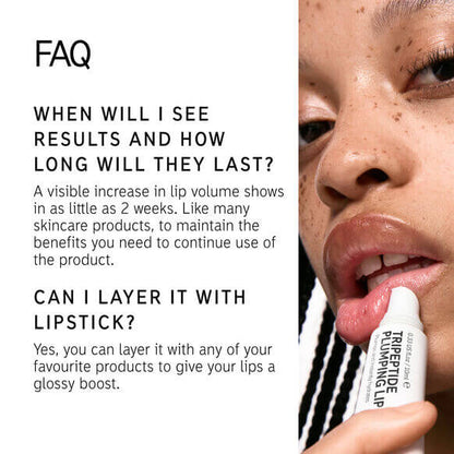 FAQ about The INKEY List Tripeptide Plumping Lip Balm, including results timeframe and layering tips.