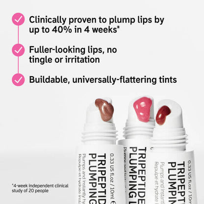 The INKEY List Tripeptide Plumping Lip Balm showcasing three tints with benefits for fuller lips and hydration.