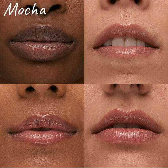 Mocha lip balm swatches on different skin tones showcasing hydration and plumpness.