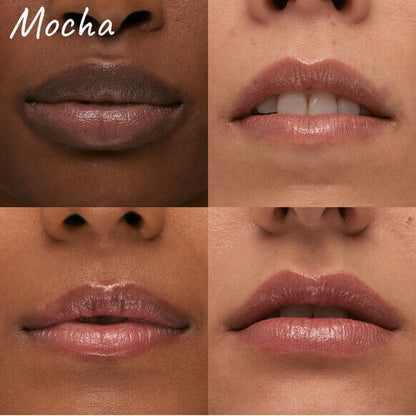 Mocha lip balm swatches on different skin tones showcasing hydration and plumpness.