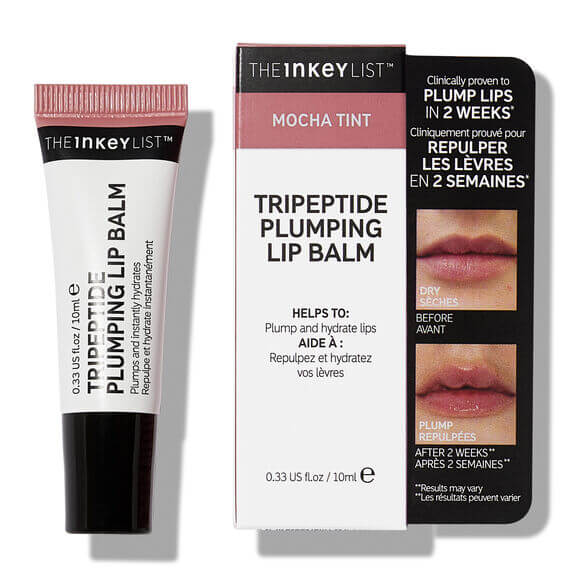 The INKEY List Tripeptide Plumping Lip Balm 10ml with mocha tint packaging and lip image, designed for hydration and volume.