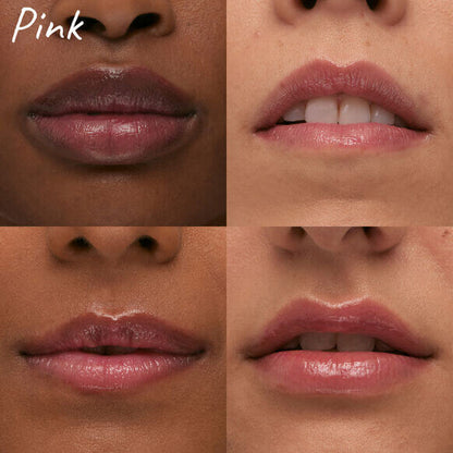 Four close-up images of lips showcasing different shades of pink with glossy finishes.