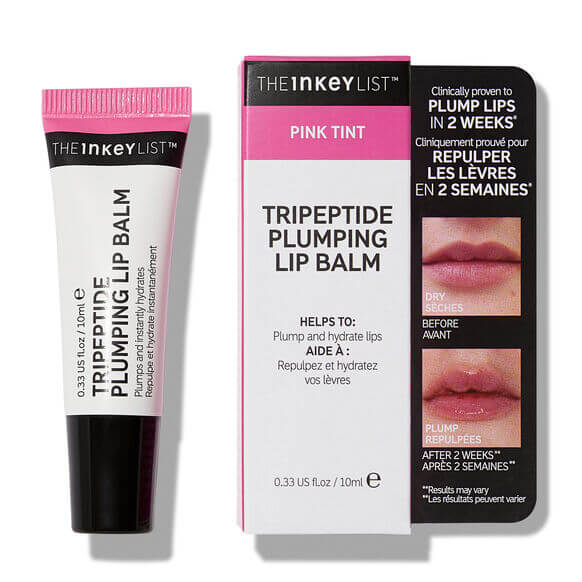 The INKEY List Tripeptide Plumping Lip Balm 10ml with packaging, promoting lip volume and hydration.
