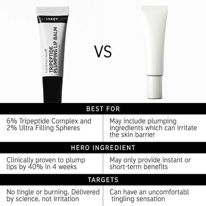 Comparison chart featuring The INKEY List Tripeptide Plumping Lip Balm vs another lip product, detailing key ingredients and benefits.