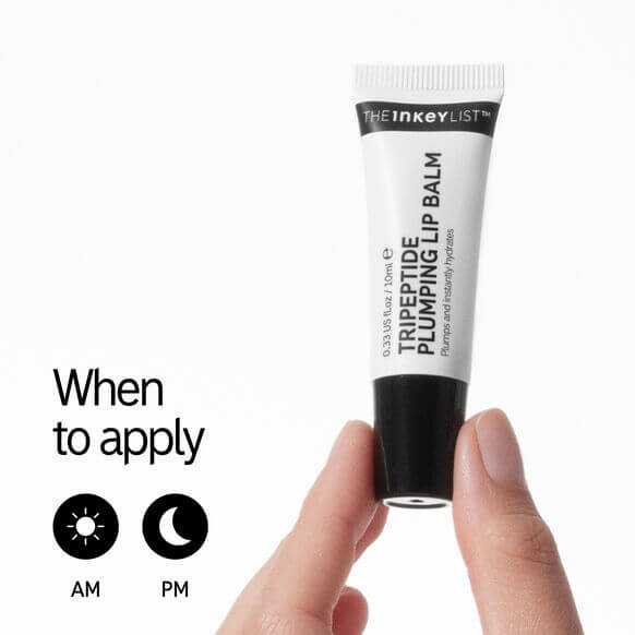 The INKEY List Tripeptide Plumping Lip Balm 10ml in hand, showcasing daytime and nighttime application.