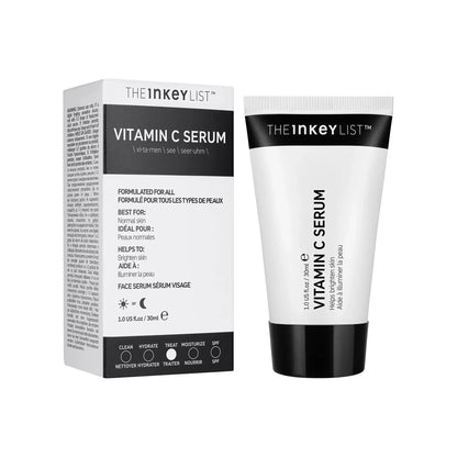 The INKEY List Vitamin C Serum 30ml packaging and tube for radiant skincare and anti-aging benefits.