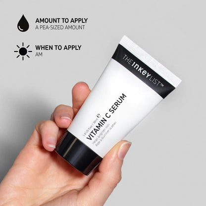 The INKEY List Vitamin C Serum tube with application tips for morning use and pea-sized amount.