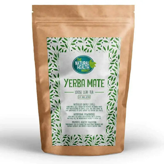 The Natural Health Market - Organic Yerba Mate Tea Loose Leaf packaging featuring green leaves and health benefits.