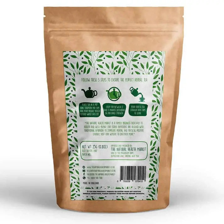 The Natural Health Market - Organic Yerba Mate Tea Loose Leaf packaging showing brewing instructions and ingredients.