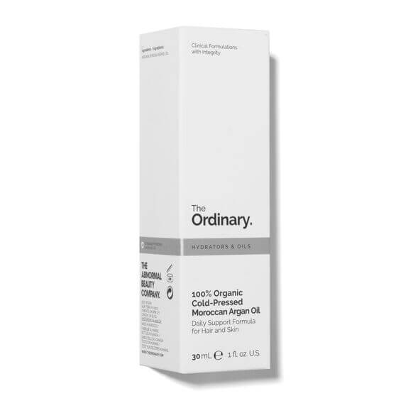 The Ordinary 100% Organic Cold Pressed Moroccan Argan Oil 30ml packaging for hair and skin hydration.