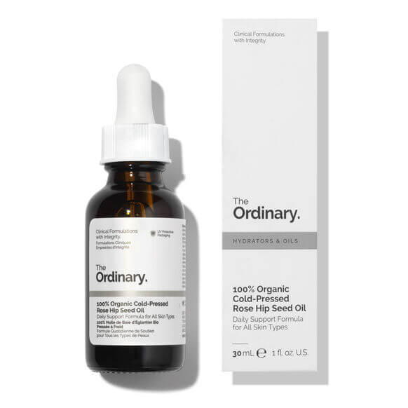 The Ordinary 100% Organic Cold-Pressed Rose Hip Seed Oil in a 30ml bottle for skincare rejuvenation.