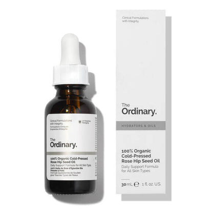 The Ordinary 100% Organic Cold-Pressed Rose Hip Seed Oil in a 30ml bottle for skincare rejuvenation.