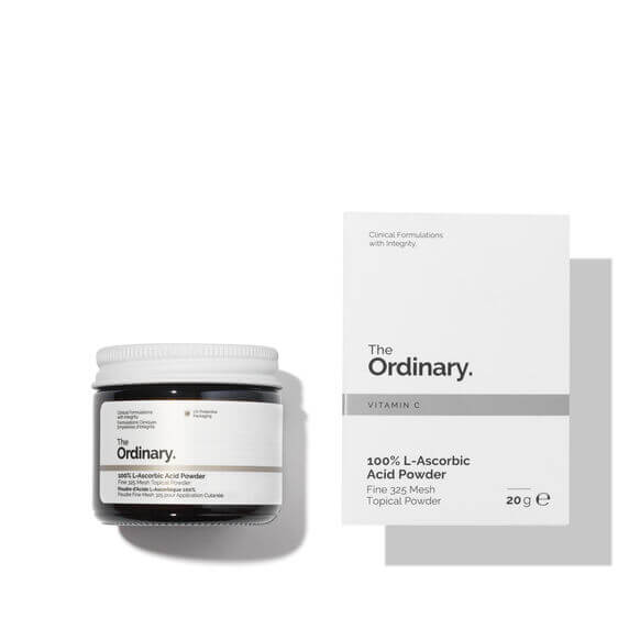 The Ordinary 100% L-Ascorbic Acid Powder Vitamin C 20g jar and box for vibrant skin.