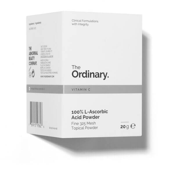 The Ordinary 100% L-Ascorbic Acid Powder Vitamin C packaging, 20g ultra-fine topical powder for brighter, youthful skin.