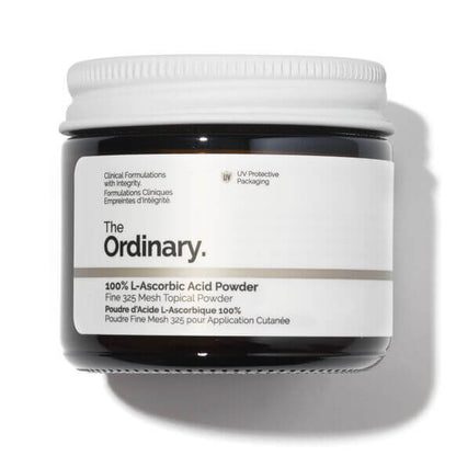 The Ordinary 100% L-Ascorbic Acid Powder in a jar, designed to enhance skin radiance and fight aging.