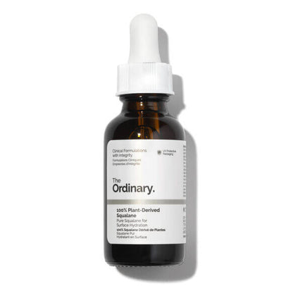 The Ordinary 100% Plant-Derived Squalane 30ml bottle with dropper for hydrating skincare.